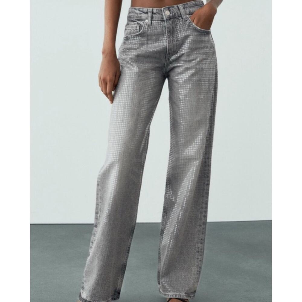 Zara Sequin Embellished Wide Leg Jeans Gray Size 10